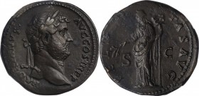 HADRIAN, A.D. 117-138. AE Sestertius, Rome Mint, ca. A.D. 134-138. NGC EF.
RIC-750. Obverse: Laureate head right; Reverse: Felicitas standing left, h...