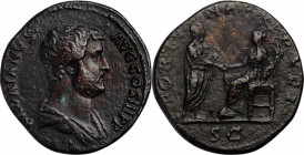 HADRIAN, A.D. 117-138. AE Sestertius (23.38 gms), Rome Mint, A.D. 134-138. VERY FINE.
RIC-762. Obverse: Bareheaded and draped bust right; Reverse: Ha...