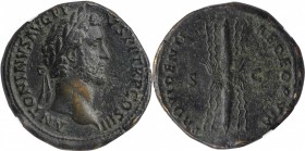 ANTONINUS PIUS, A.D. 138-161. AE Sestertius, Rome Mint, ca. A.D. 141-143. NGC Ch VF.
RIC-618. Obverse: Laureate head right; Reverse: Winged thunderbo...