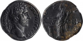 ANTONINUS PIUS, A.D. 138-161. AE Sestertius, Rome Mint, ca. A.D. 145-147. NGC VF.
RIC-761. Obverse: Laureate head right; Reverse: Salus standing left...