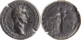ANTONINUS PIUS, A.D. 138-161. AE Sestertius (26.42 gms), Rome Mint, A.D. 150-151. GOOD VERY FINE.
RIC-872. Obverse: Laureate head right; Reverse: Mon...
