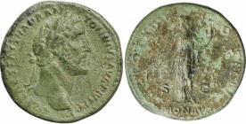 ANTONINUS PIUS, A.D. 138-161. AE Sestertius (23.26 gms), Rome Mint, A.D. 150-151. VERY FINE.
RIC-872. Obverse: Laureate head right; Reverse: Moneta s...