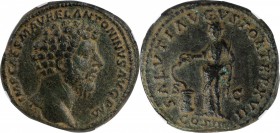 MARCUS AURELIUS, A.D. 161-180. AE Sestertius, Rome Mint, A.D. 163. NGC Ch VF.
RIC-841. Obverse: Bare head right; Reverse: Salus standing left, holdin...