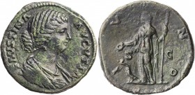 FAUSTINA JUNIOR (DAUGHTER OF ANTONINUS PIUS & WIFE OF MARCUS AURELIUS). AE Sestertius (25.89 gms), Rome Mint, A.D. 161-164. CHOICE VERY FINE.
RIC-164...