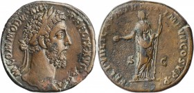 COMMODUS, A.D. 177-192. AE Sestertius (26.08 gms), Rome Mint, A.D. 186. CHOICE VERY FINE.
RIC-467. Obverse: Laureate head right; Reverse: Felicitas s...