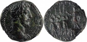 COMMODUS, A.D. 177-192. AE Sestertius, Rome Mint, A.D. 186. NGC VF.
RIC-468a. Obverse: Laureate bust right, with slight drapery; Reverse: Commodus st...