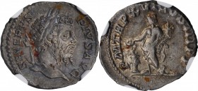SEPTIMIUS SEVERUS, A.D. 193-211. AR Denarius, Rome Mint, A.D. 208. NGC EF.
RIC-220; RSC-505. Obverse: Laureate head right; Reverse: Genius standing l...