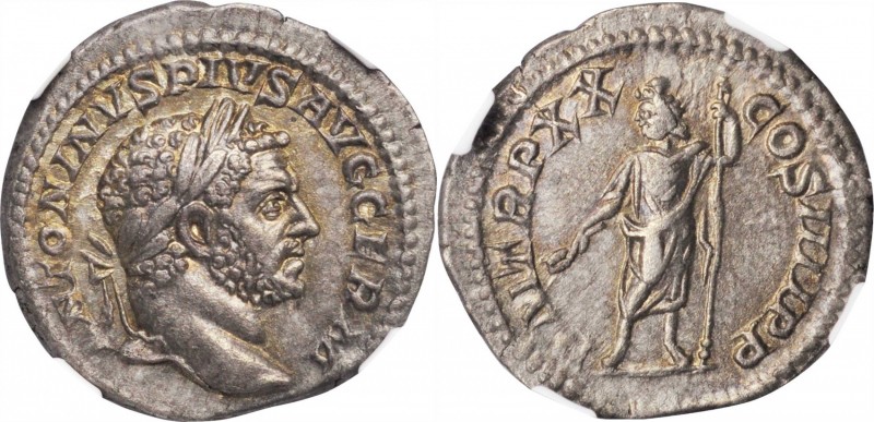 CARACALLA, A.D. 198-217. AR Denarius, Rome Mint, A.D. 217. NGC AU. Fine Style.
...