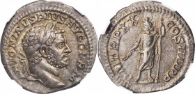 CARACALLA, A.D. 198-217. AR Denarius, Rome Mint, A.D. 217. NGC AU. Fine Style.
RIC-289c; RSC-382. Obverse: Laureate head right; Reverse: Serapis stan...