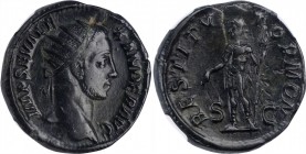 SEVERUS ALEXANDER, A.D. 222-235. AE Dupondius, Rome Mint, A.D. 228. NGC Ch VF.
RIC-601. Obverse: Radiate head right; Reverse: Severus Alexander stand...