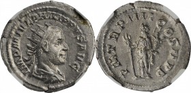 PHILIP I, A.D. 244-249. AR Antoninianus (4.04 gms), Rome Mint, A.D. 247. NGC MS, Strike: 5/5 Surface: 4/5.
RIC-4; RSC-136. Obverse: Radiate, draped, ...