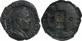 PHILIP I, A.D. 244-249. AE Sestertius, Rome Mint, A.D. 249. NGC Ch VF.
RIC-157. Secular Games issue. Obverse: Laureate, draped, and cuirassed bust ri...