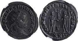 MAXIMIAN, A.D. 286-310. BI Antoninianus (4.27 gms), Cyzicus Mint, 3rd Officina, ca. A.D. 293. NGC MS, Strike: 5/5 Surface: 4/5.
RIC-607 corr. (obv. l...