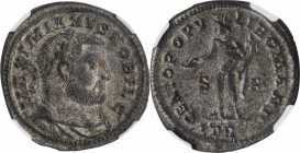 GALERIUS AS CAESAR, A.D. 293-305. AE Follis (9.80 gms), Treveri Mint, 1st Officina, ca. A.D. 302-303. NGC MS, Strike: 5/5 Surface: 5/5. Silvering.
RI...