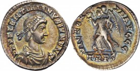 VALENTINIAN II, A.D. 375-392. AR Siliqua (1.92 gms), Treveri Mint, A.D. 375-383. EXTREMELY FINE.
RIC-43 & 57a; RSC-40†. Obverse: Diademed, draped, an...