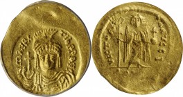 MAURICE TIBERIUS, 582-602. AV Solidus, Constantinople Mint, 10th Officina, 583-602. ICG AU-50.
S-478. Obverse: Helmeted, draped, and cuirassed bust f...
