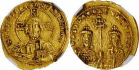 BASIL II BULGAROKTONOS WITH CONSTANTINE VIII, 976-1025. AV Histamenon Nomisma, Constantinople Mint, ca. 989-1001. NGC Ch EF. Light Scuff, Edge Filing....