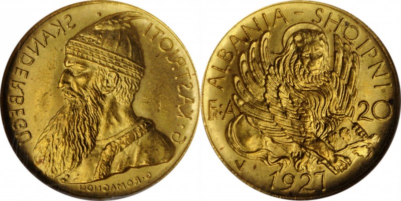 ALBANIA. 20 Franga Ari, 1927-V. Vienna Mint. NGC MS-64.
Fr-6; KM-12. Mintage: 5...