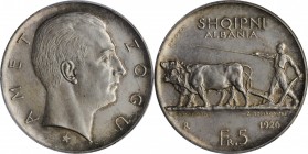 ALBANIA. Silver 5 Franga Ari Prova (Pattern), 1926-R. Rome Mint. PCGS SPECIMEN-62.
KM-Pr10; Pag-804. Star below bust. An INCREDIBLY RARE and attracti...