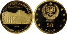 ALBANIA. 50 Leke, 1968. Paris Mint. NGC PROOF-67.
Fr-21; KM-53.1. Mintage: 3,120. Featuring the Ruins of Argirocastrum, this Gem proof issue offers d...