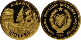 ALBANIA. 100 Leke, 1987. NGC PROOF-69 Ultra Cameo.
Fr-23; KM-59. Mintage: 5,000. Featuring the Seaport of Durazzo, this nearly perfect Gem presents t...