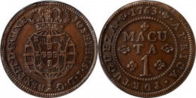 ANGOLA. Macuta, 1763. Lisbon Mint. Jose I. NGC AU-53 Brown.
KM-12. An immensely charming specimen never encountered so pleasing, featuring glossy bro...