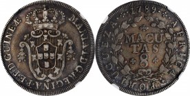 ANGOLA. 8 Macutas, 1789. Lisbon Mint. Maria I. NGC EF-40.
KM-34. Quite attractive and wholesome, this SCARCE date offers a pleasing cabinet tone and ...