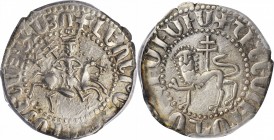 ARMENIA. Tram, ND (1270-89). Levon II. PCGS AU-55 Gold Shield.
2.87 gms. Nercessian-369. Obverse: King on horseback right, holding reins and cross, s...