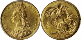 AUSTRALIA. Sovereign, 1889-M. Melbourne Mint. Victoria. PCGS MS-62.
S-3867B; Fr-20; KM-10. Second obverse variety with angled "J". Sharply detailed w...