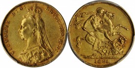 AUSTRALIA. Sovereign, 1891-M. Melbourne Mint. Victoria. PCGS AU-55.
S-3867C; Fr-20; KM-10. Long Tail variety. Briefly circulated with attractive redd...