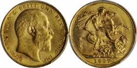 AUSTRALIA. Sovereign, 1907-M. Melbourne Mint. PCGS MS-62.
S-3971; Fr-33; KM-15. Several heavy marks on Edward VII's portrait prevent a finer grade.
...