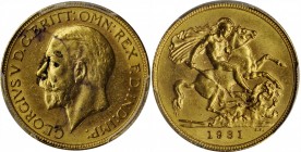 AUSTRALIA. Sovereign, 1931-M. Melbourne Mint. PCGS AU-55.
S-4000; Fr-39; KM-32. A lightly circulated example with a touch of dark debris nestled into...