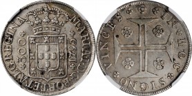 AZORES. 300 Reis, 1795. Maria I. NGC AU-58.
KM-8. A highly lustrous example with only a hint of light wear, this piece is augmented by a golden tone ...