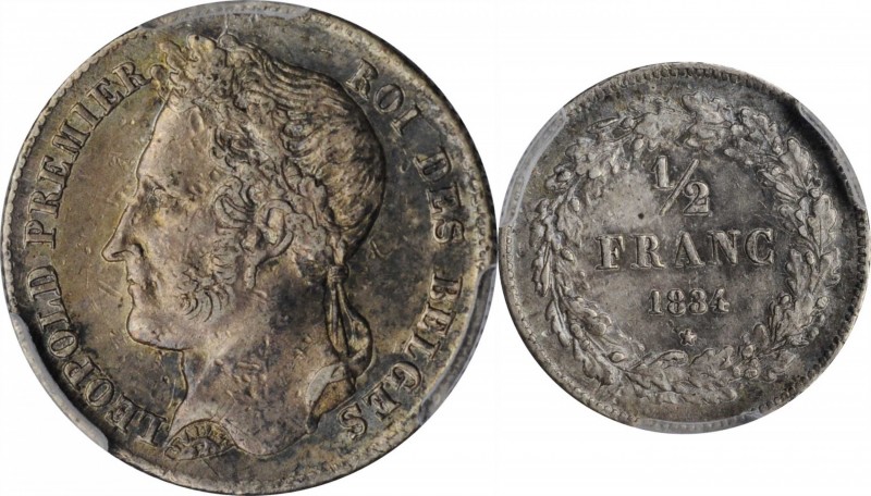 BELGIUM. 1/2 Franc, 1834. Brussels Mint. Leopold I. PCGS Genuine--Cleaned, AU De...
