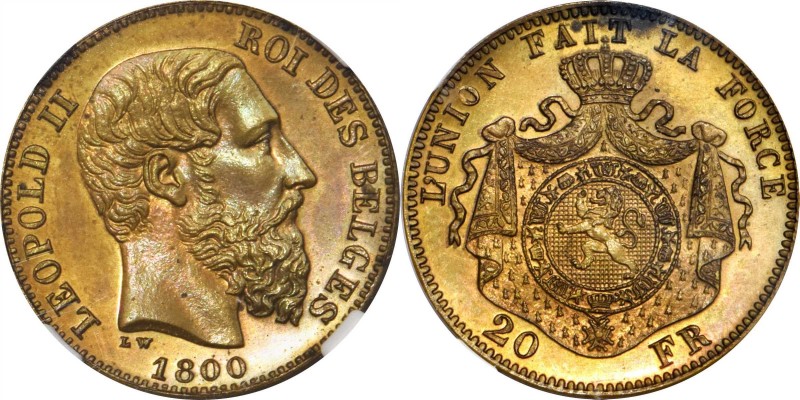 BELGIUM. Brass 20 Francs Piefort Pattern, 1800 (1866). Leopold II. NGC MS-64.
D...