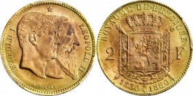 BELGIUM. Copper 2 Francs Pattern, 1880. Leopold II. PCGS SPECIMEN-66 Red Brown Gold Shield.
Bogaert-1218B6. A brilliant, lustrous, and attractive pat...