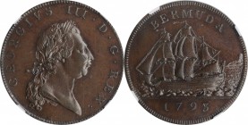 BERMUDA. Bronzed Copper Penny, 1793. George III. NGC PROOF-62 Brown.
KM-5a; Prid-5a. Light signs of handling consistent for the grade most evident on...