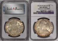 BOLIVIA. 8 Reales, 1781-PTS PR. Potosi Mint. Charles III. NGC Unc Details--Surface Hairlines.
KM-55. Visually superb for the grade with a bold strike...