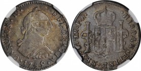 BOLIVIA. Real, 1789-PTS PR. Potosi Mint. Charles IV. NGC VF-25.
KM-61. Three-year transitional type. Highly elusive as an issue with attractive multi...