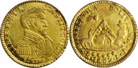 BOLIVIA. Contemporary Counterfeit Scudo, 1832. ABOUT UNCIRCULATED.
3.37 gms. Well made and pale golden colored counterfeit with Potosi mintmark and a...