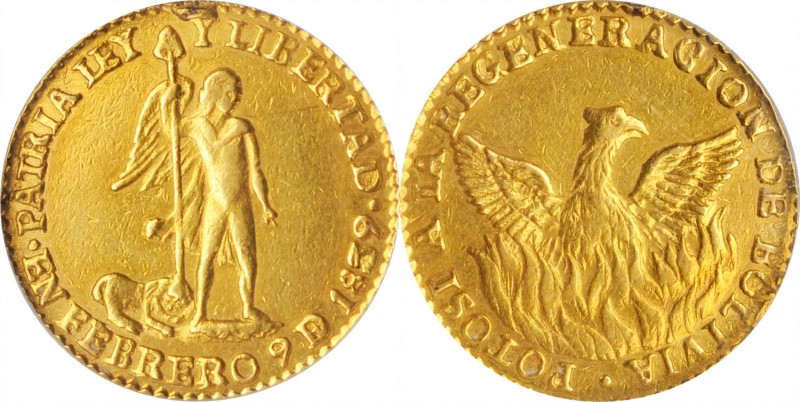 BOLIVIA. Gold Medallic Escudo, 1839. Potosi Mint. Republic. NCS VF Details--Moun...