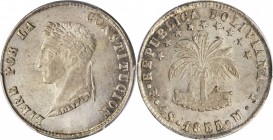 BOLIVIA. 4 Soles, 1855-PTS MJ. Potosi Mint. PCGS MS-62 Gold Shield.
KM-123.2. Seldom seen this fresh and lustrous but struck with crude dies, leaving...