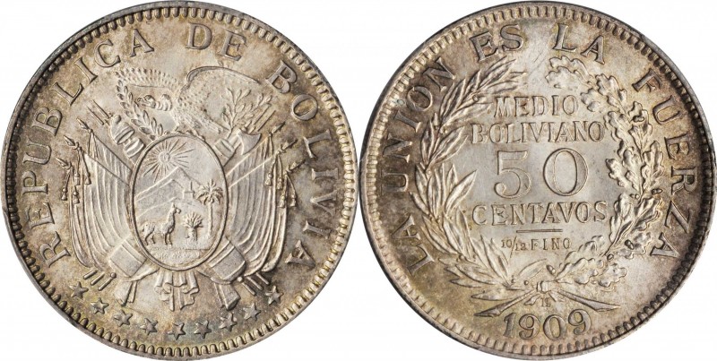 BOLIVIA. 50 Centavos (1/2 Boliviano), 1909-H. Heaton Mint. PCGS MS-65 Gold Shiel...