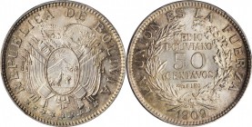 BOLIVIA. 50 Centavos (1/2 Boliviano), 1909-H. Heaton Mint. PCGS MS-65 Gold Shield.
KM-177. A stunning, brilliant Gem, this exquisite specimen is exce...