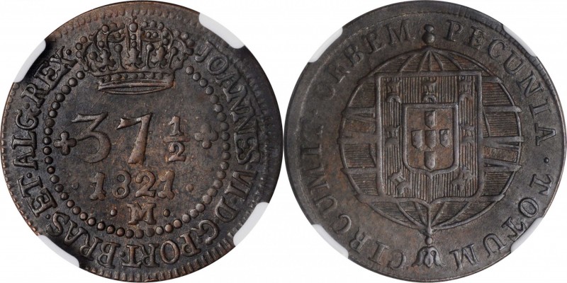BRAZIL. 37-1/2 Reis, 1821-M. Minas Gerais Mint. Joao VI. NGC AU-53 Brown.
KM-31...