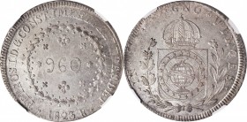 BRAZIL. 960 Reis, 1823-R. Rio de Janeiro Mint. Pedro I. NGC MS-61.
KM-368.1. "SIGNO" variety. Overstruck on an uncertain type, this rather brilliant ...