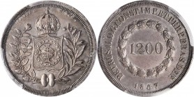 BRAZIL. 1200 Reis, 1837. Rio de Janeiro Mint. Pedro II. PCGS AU-55 Gold Shield.
KM-454. Mintage: 6,304. An exceptionally pleasing example of this rat...