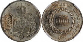 BRAZIL. 1000 Reis, 1860/50. Rio de Janeiro Mint. Pedro II. NGC MS-63.
KM-465. A choice overdate issue, this lustrous, radiant example offers steel gr...