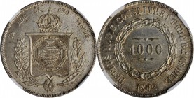 BRAZIL. 1000 Ries, 1862. Rio de Janeiro Mint. Pedro II. NGC MS-62.
KM-465. Exceedingly lustrous, this razor sharp example offers tremendous radiance ...