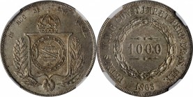 BRAZIL. 1000 Ries, 1863. Rio de Janeiro Mint. Pedro II. NGC MS-63.
KM-465. A choice, lustrous example, featuring a pleasing steel gray tone and radia...